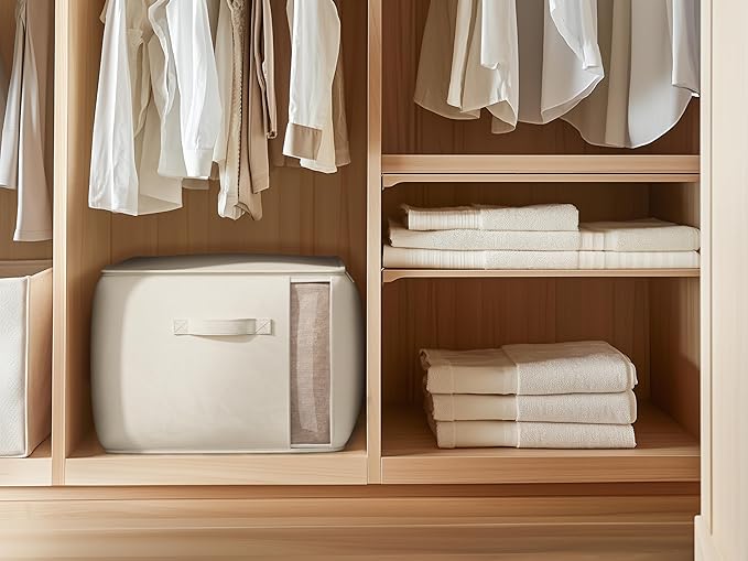 TomVista Large Canvas Clothes Storage Bags with Thick Handles and Clear Window, Foldable Cotton Linen Closet Organizer for Clothing, Blankets and Bedding, 70L, 2 Pack, Beige