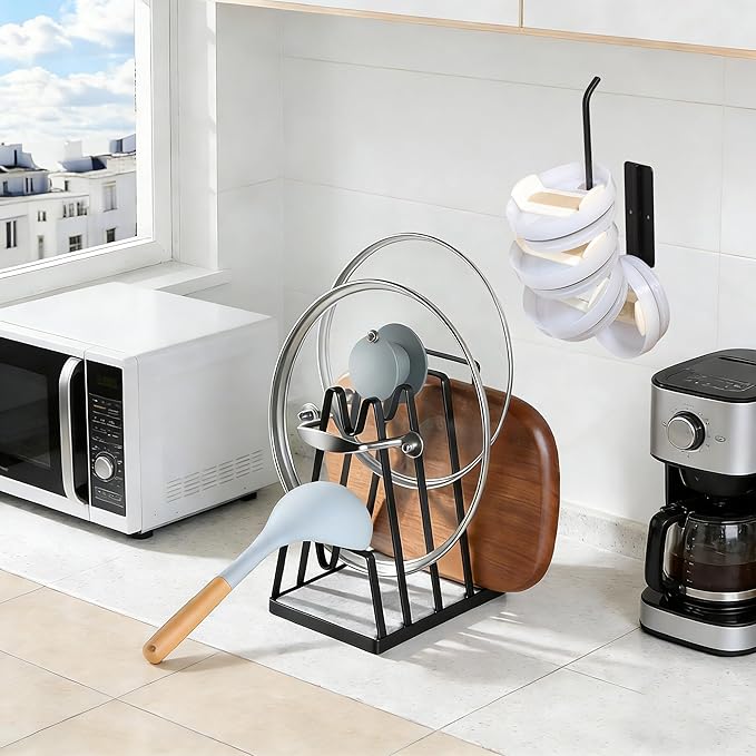 YIGII Pot Lid Cutting Board Organizer with Diatomite Stone, Black Pan Lid Organizer and Spoon Rest Rack, Multifunctional Utensil Holder for Stove top and Kitchen Counter