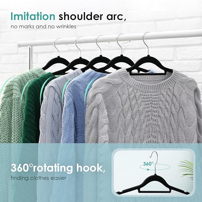 Velvet Hangers Non Slip Felt Hangers, 50 Pack Black Velvet Clothes Hangers Space Saving Slim with 360 Degree Swivel Hook for Suits Coats, Jackets, Pants, and Dress Clothes