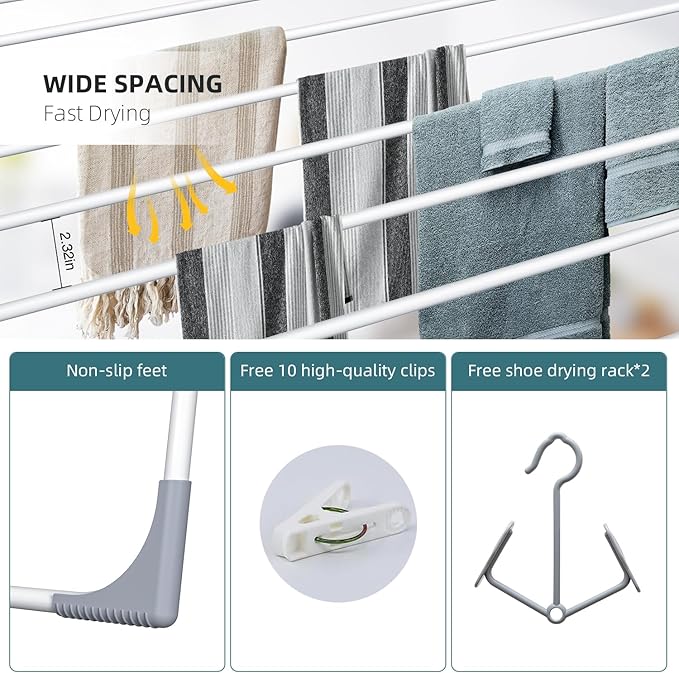 Unkqan Clothes Drying Rack, Foldable Laundry Rack for Indoor Outdoor, 10pcs Sock Clips, Collapsible Space-Saving Drying Rack for Clothes Towels Dolls, White