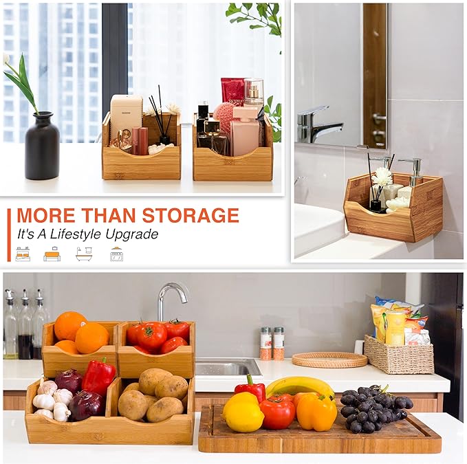 HOMESTEAD Bamboo Pantry Storage Bins – Potato & Onion Storage Bin for Pantry Organizers, Produce Organizer Set of 3 – Slide out Bin Access