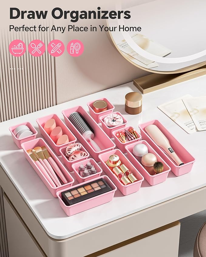 13 Pack Plastic Drawer Organizers Set, 3 Sizes Desk Drawer Organizer Trays for Vanity and Makeup Organizer, Organization and Storage for Makeup, Kitchen Utensils, Bathroom and Office(Pink)