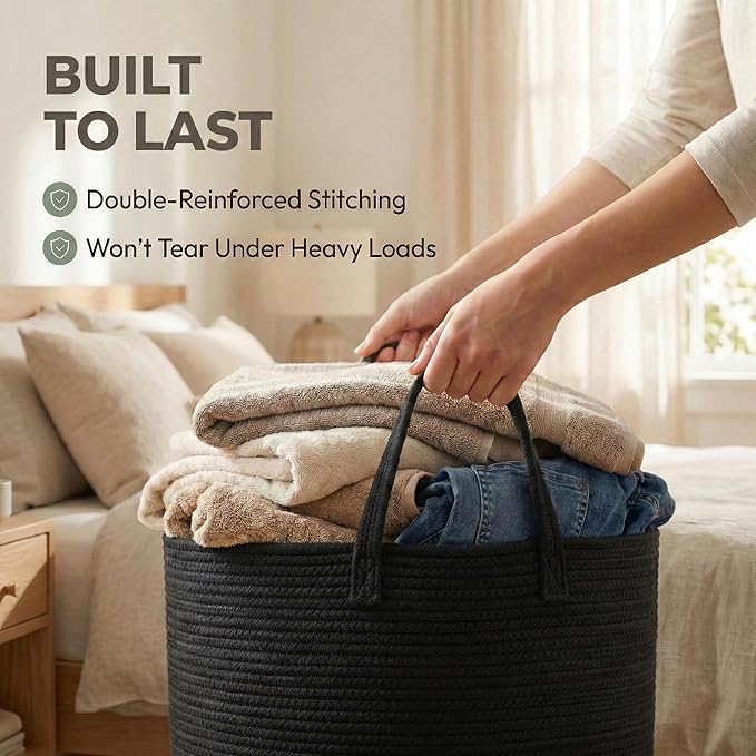 115L Extra Large Blanket Basket for Living Room - Woven Cotton Rope Laundry Hamper with Reinforced Handles - Storage Bin for Pillows, Comforters & Toys - Machine Washable,Black