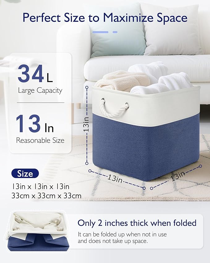 13x13x13 Cube Storage Bins,4 Pack Large Foldable Fabric Storage Cubes with Handles for Organizing Home, Closet, Shelf, Office(White&Blue)