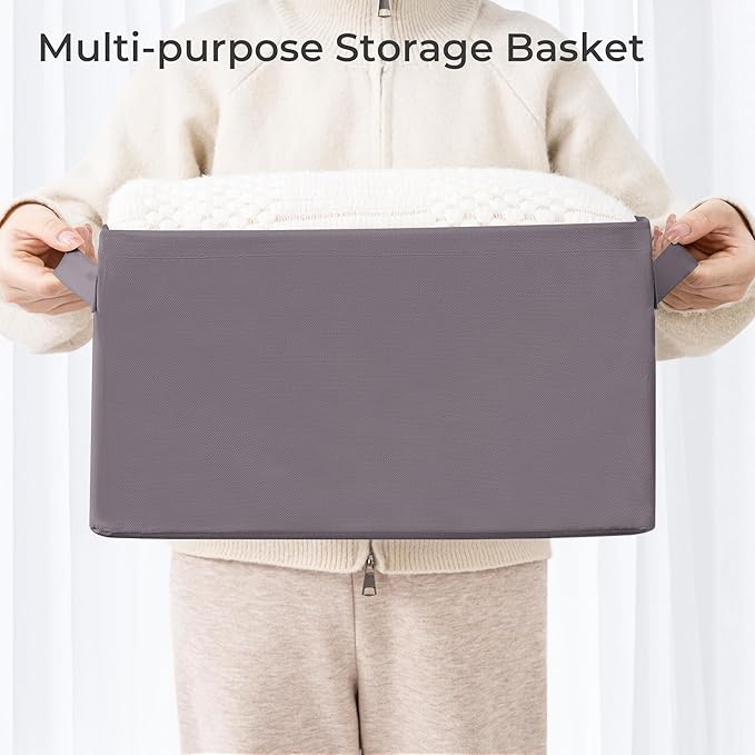 Storage Basket Bins with Metal Frame, Large Collapsible Fabric Storage Baskets for Organizing Shelf, Basket Organizer W/Handles for Blankets, Towels, Laundry, Shelves, 8-Pack, Gray
