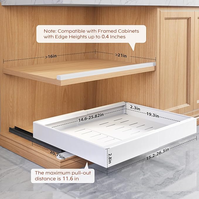 4 Pack Pull Out Cabinet Organizers 21" Deep With Raising Pad for Framed Cabinets, Expandable Width (15.2"-26.3") Slide Out Drawers Upgrade 3 Slide Rails, Roll Out Shelves Adhesive, White