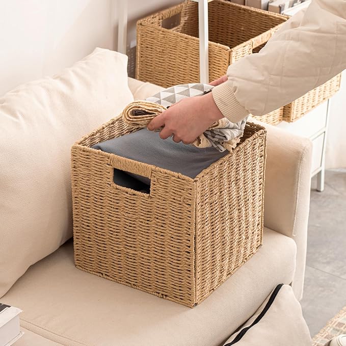 Foldable Storage Baskets with Handles Paper Rope Storage Baskets Rectangle Collapsible Hand Woven Storage Cubes Bins for Organizing Shelves Living Room Bedroom Pantry (3, 11'' x 11'' x 11'')