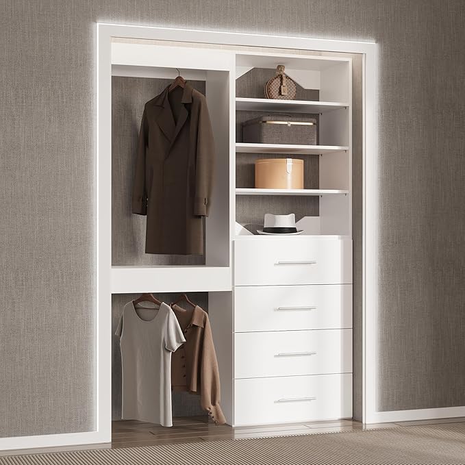 Modular Closet, 46" Wide Organizer with Tower and Drawers, Wood Tower Storage for Walk-In Closets, Wall-Mounted Wardrobe Organizer, White