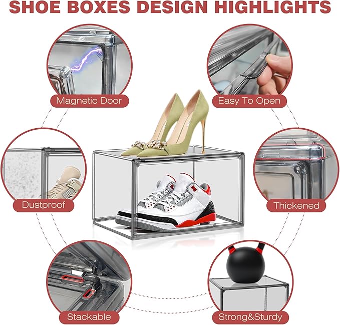 EDS FAM 4 Pack Grey Large Shoe Storage Boxes Clear Plastic Stackable Shoe Display Case with Magnetic Door, Easy Assembly Fit up to US Size 13