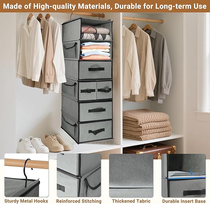 Durable 6-Tier hanging closet organizer with 5 Drawers & 3 Side Pocket,Thickened Fabric Hanging Shelves Holder with Sturdy Hook,Space-saving Storage Organization for Bedroom,Dorm,Guestroom,RV,Bathroom