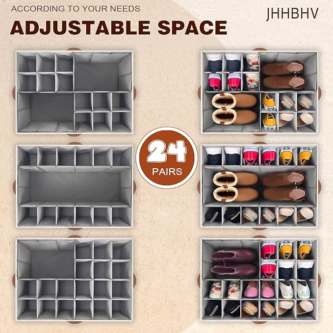 2 Pack Shoe Organizer for Closet, Adjustable Shoe Box Storage Containers, Large Foldable Shoe Bins with Clear Cover, Space Saving Shoes Holder with 4 Handles, Fits 24-48 Pairs, Beige