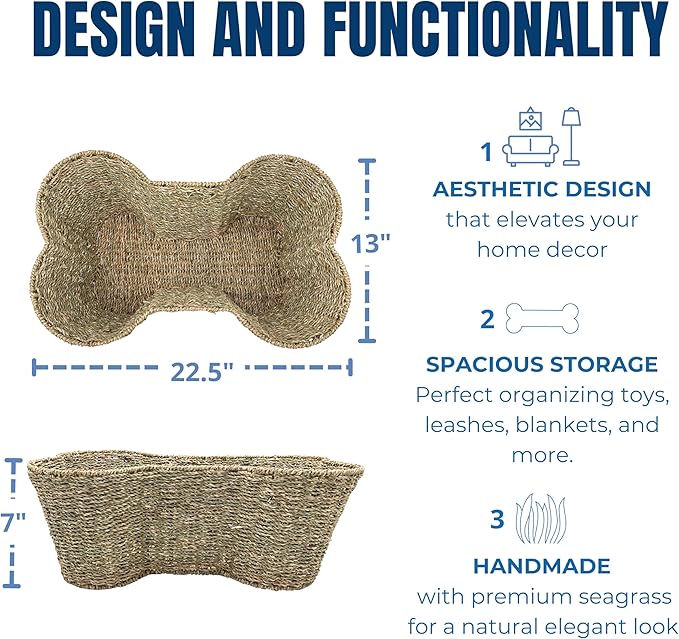 Dog Toy Basket, Seagrass Bone Shaped Dog Toy Bin, Handmade Pet Organizer And Storage, Toy Box for Cats (Large (22x14))