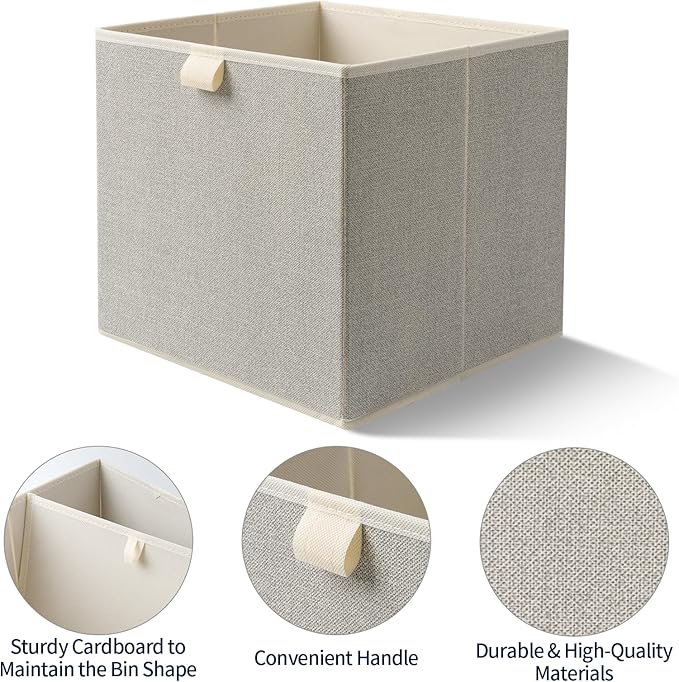 Storage Baskets, 11.8-Inch Woven Fabric Bins, Storage Cubes with Reinforced Handles, Organizer Bins for Closet Shelves, Foldable, for Toys, Clothes, Natural Beige (4PCS/Beige-11.8*11.8*11.8inch)