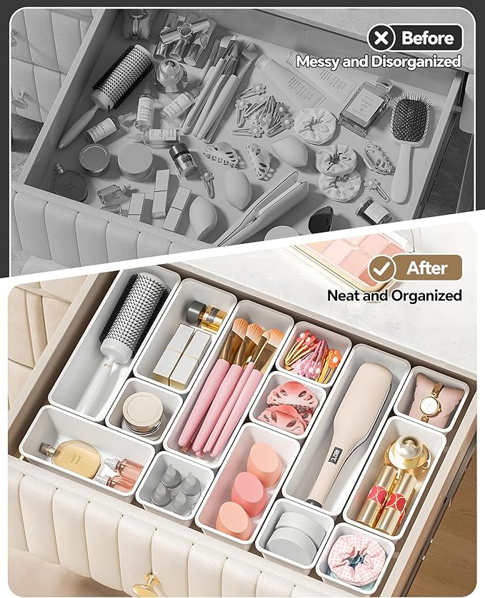 13 Pack Plastic Drawer Organizers Set, 3 Sizes Desk Drawer Organizer Trays for Vanity and Makeup Organizer, Organization and Storage for Makeup, Kitchen Utensils, Bathroom and Office(White)
