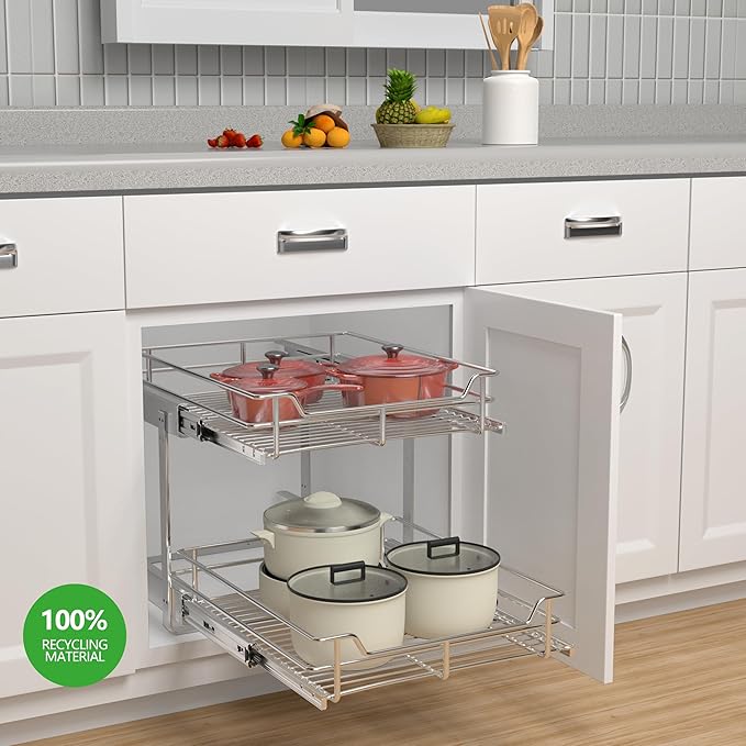 JOWBOOW 2-Tier Cabinet Pull Out Shelves (20" W x 22" D), Slide Out Shelves for Kitchen Cabinets, Metal Pots and Pans Organizer for Under Cabinet