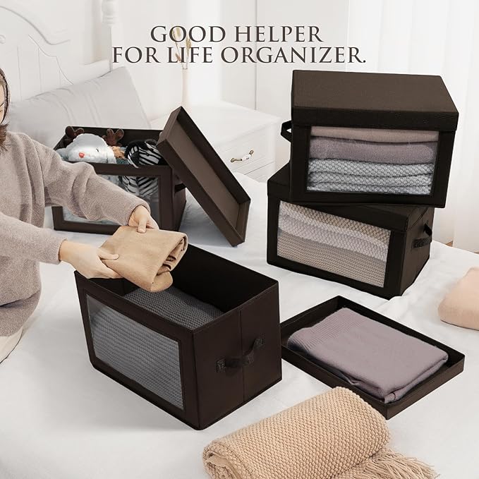 Stackable Storage Bins with Lids - Medium Storage Box with Lids, Foldable Closet Boxes for Organizing, Wardrobe Clothes Organizer with Window, Cubes Bins for Living Room, 5 Pack, Brown