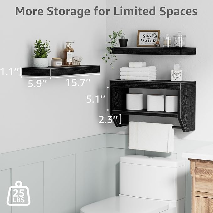 QEEIG Bathroom Floating Shelves for Wall - Shelf Over Toilet Paper Storage Farmhouse 16 inch Set of 3, Black (028-40B3)
