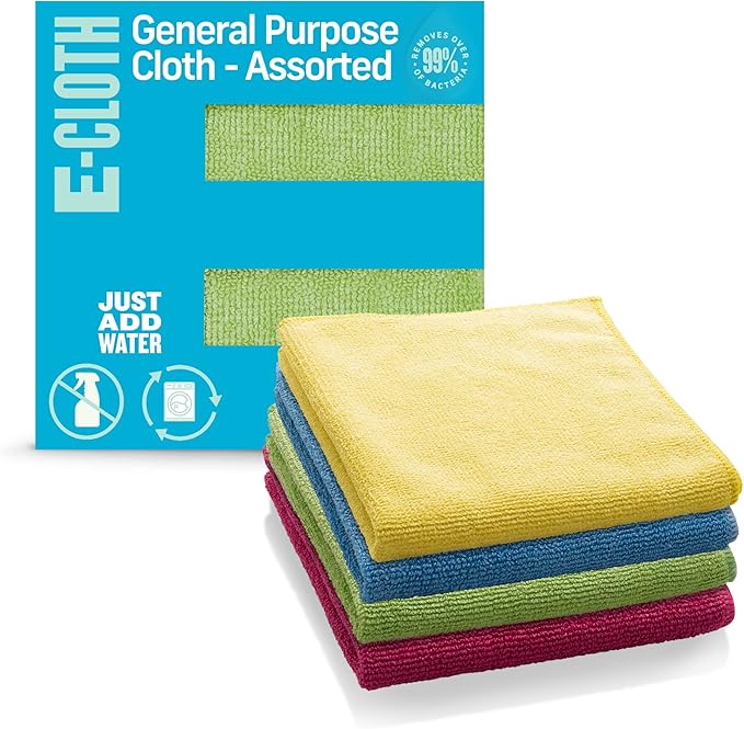E-Cloth Microfiber Cloth 4-Pack, World's Leading Premium Microfiber Cleaning Cloth, Twice as Durable as Competition, 1 Year Guarantee, Ideal for Kitchen, Countertops, Sinks, and Bathrooms, Assorted