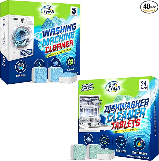 Washing Machine & Dishwasher Cleaner Tablets - 48-Pack Bundle Compatible with Front Loader Top Loader & He Machines and all Dishwashers Removes Buildup Lime Scales and residues - Septic Safe