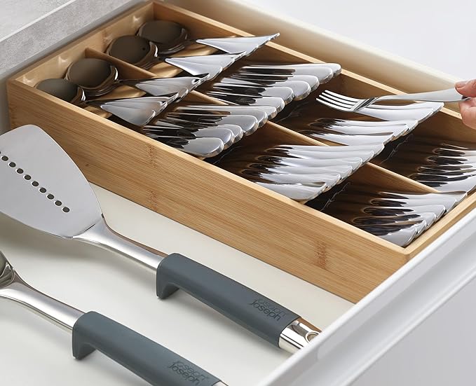 Joseph Joseph Drawer Store Large Compact Flatware, Silverware, Cutlery Drawer Organizer, 8 compartments, Holds 48 Pieces, Bamboo