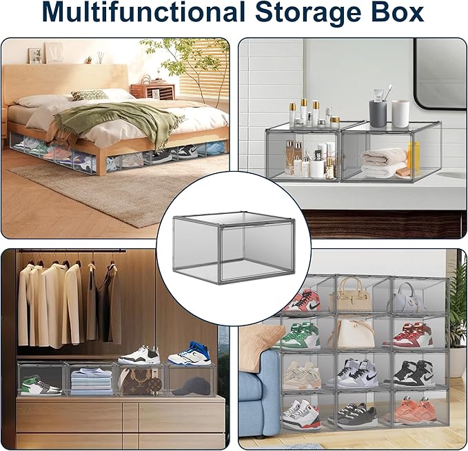 4 Pack Pure Organizer for Closet, Acrylic Shoe Box Size 14, Clear Display Case Handbag Organizer Shoe Box with Lid