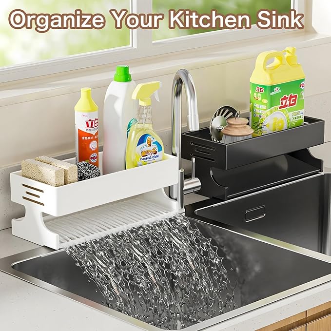 BREIS Sponge Holder for Kitchen Sink, Caddy Organizer with Rag Holder, Countertop Self-Draining Sponge Caddy, Rustproof Sink Storage Rack for Soap Dispenser Storage Accessories (Heavy Duty-White)