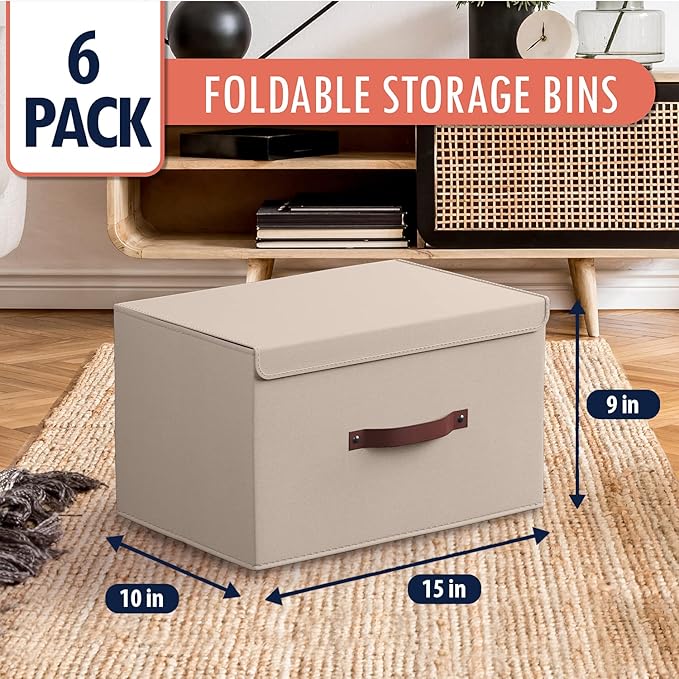 Ornavo Home 6 Pack Collapsible Storage Bins with Lid, Foldable Linen Fabric Shelf Storage Basket Closet Organizer and Large Storage Box for Clothes with Leather Handles, 15 x 10 x 9, Beige
