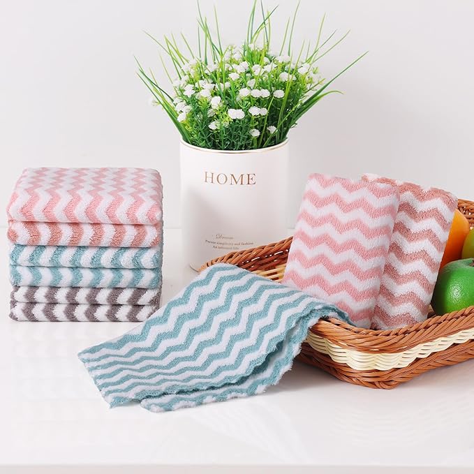 Homaxy 12 Pack Kitchen Dish Cloths, Ultra Soft and Absorbent Dish Towels, Reusable Fast Drying Microfiber Cleaning Cloth, Wave Coral Velvet No-lint Cleaning Rags, 10 x 10 inches, Multicolor