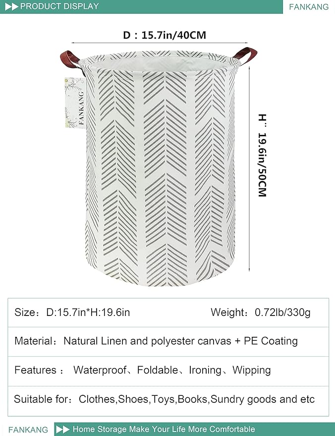 FANKANG Storage Basket, Nursery Hamper Canvas Laundry Basket Foldable with Waterproof PE Coating Large Storage Baskets for Kids Boys and Girls, Office, Bedroom, Clothes,Toys（Grey arrowhead）