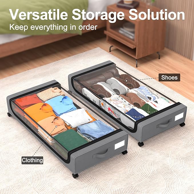 GoMaihe Under Bed Storage with Wheels: 70L Underbed Storage Containers with Lids - Rolling Bins for Shoes Clothes in Dorm Bedroom - Metal Drawers Easy Pull-out Grey 2-Pack