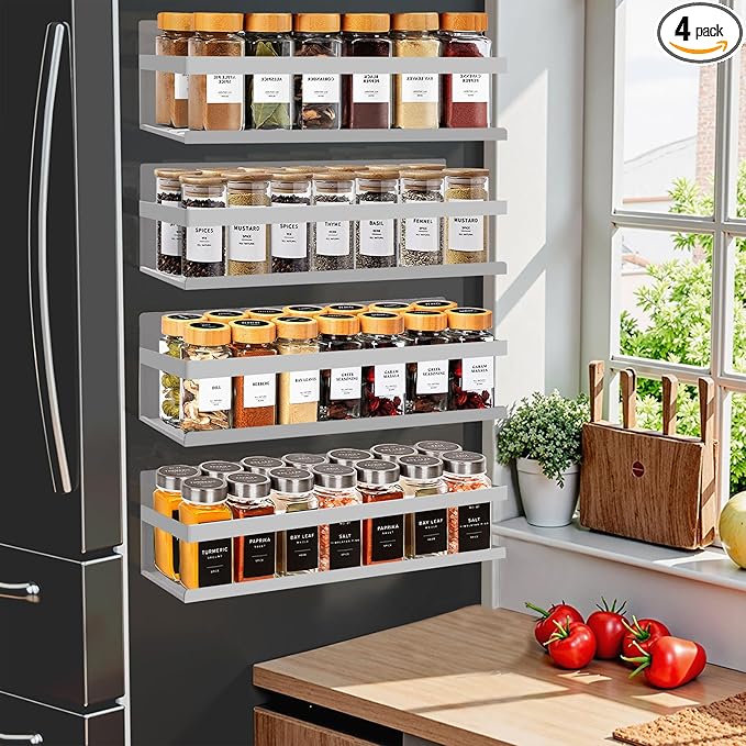 Magnetic Spice Rack for Refrigerator Seasoning Organizer for Spice Fridge Shelf storage Magnetic Shelf with Hook for Oven(4pack-Cut out-Grey)