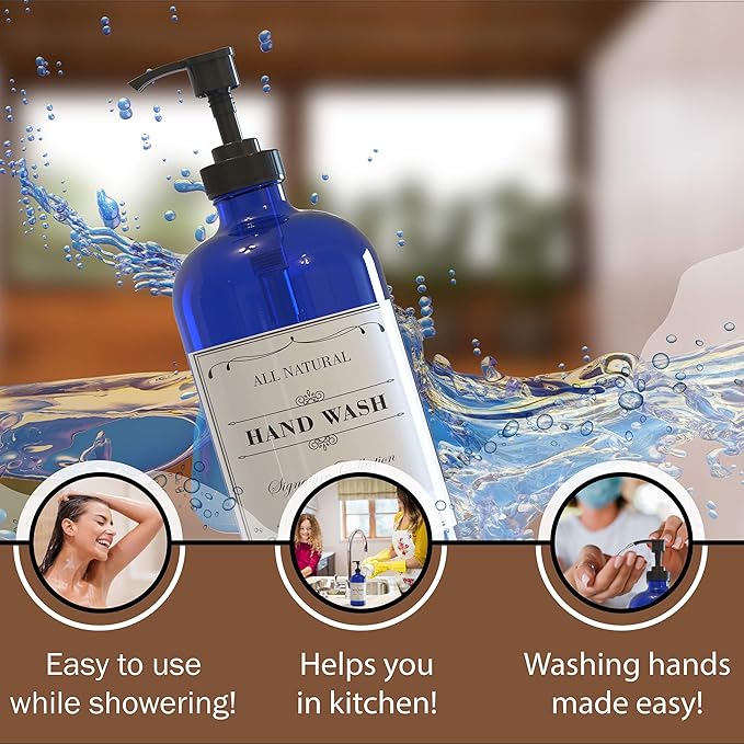 16 OZ Cobalt Blue Glass Soap Dispenser with Pump 2 Pack, Hand and Dish Soap Dispenser Set for Bathroom and Kitchen Sink with 6 Waterproof Labels