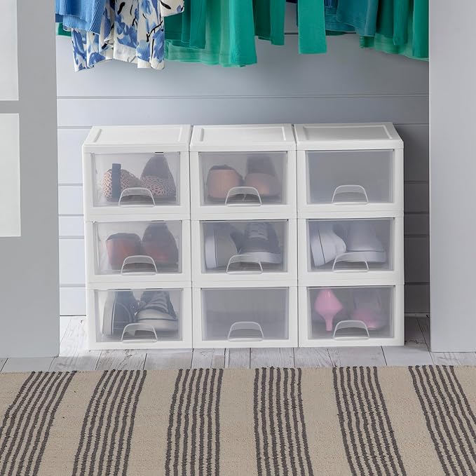 Sterilite 24-Pack 6 Quart Stacking Drawer, Clear Storage Closet Organizer, White Frame - Stackable Modular Plastic Drawers for Clothes, Accessories, Craft Supplies, Shoes or Linens