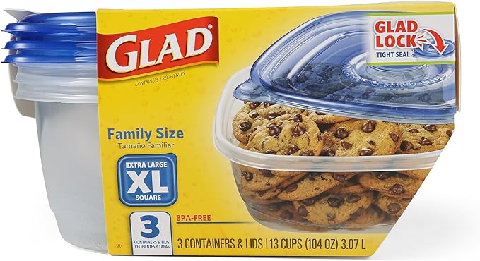 Glad GladWare XL Square Food Storage Containers, Family Size Meal Container with Lock Tight Seal for Leftovers and Meal Prep, Reusable and Dishwasher Safe, 104 Oz, 3 Count