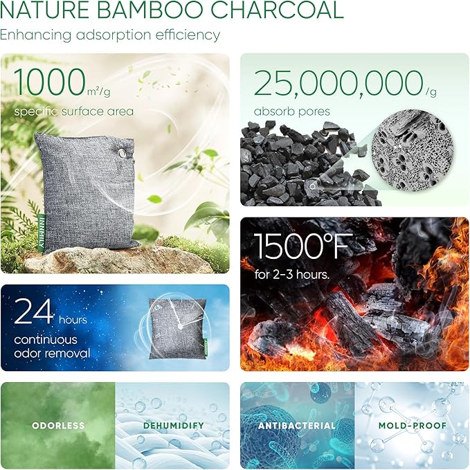 Activated Charcoal Odor Absorber,Large 4x200g w Hooks Nature Odor Eliminator for Strong Odor,Bamboo Charcoal Air Purifying Bags,Moisture Absorbers for Fresh Home Car Closet Pet,Smoke Smell Deodorizer