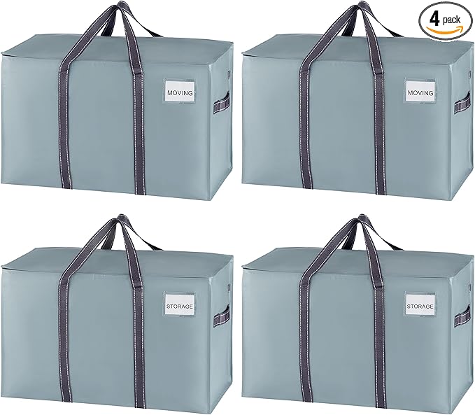 VENO 4 Pack Moving Bags and Large Christmas Storage Bins with lids. Alternative to Moving Boxes, Packing Supplies for College. Extra Large Heavy Duty Totes for Packaging (Light Blue Matte, 4 Pack)