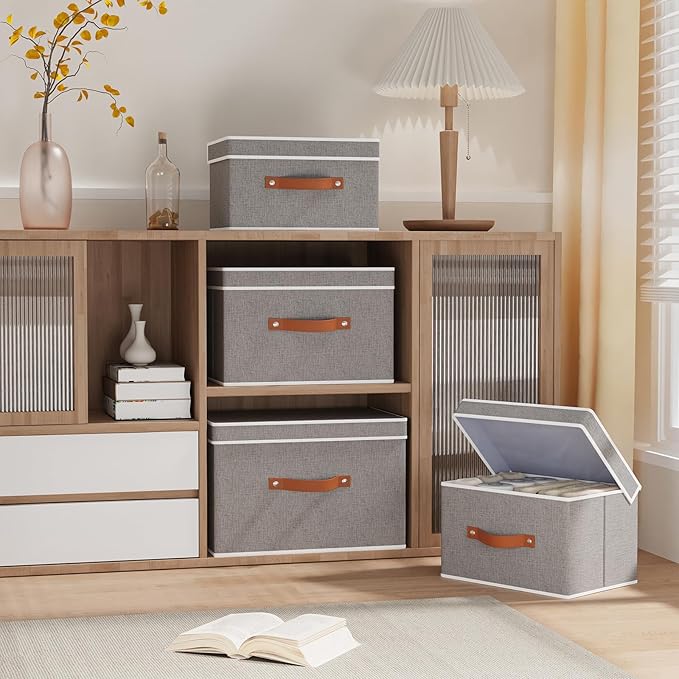 YheenLf Fabric Storage Basket with Lids, Linen Foldable Storage Bins, Closet Organizer Boxes with Double Handles, Grey, 3 Pack, 13 x 9.1 x 7.9 Inch