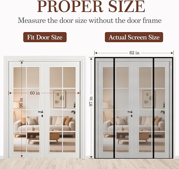 Yotache Magnetic Screen Door Fits Door Size 60"x96", Screen Size 62"x97" Double-Sided Opening Reinforced Mesh with Strong Magnets for Front, Patio Sliding Door