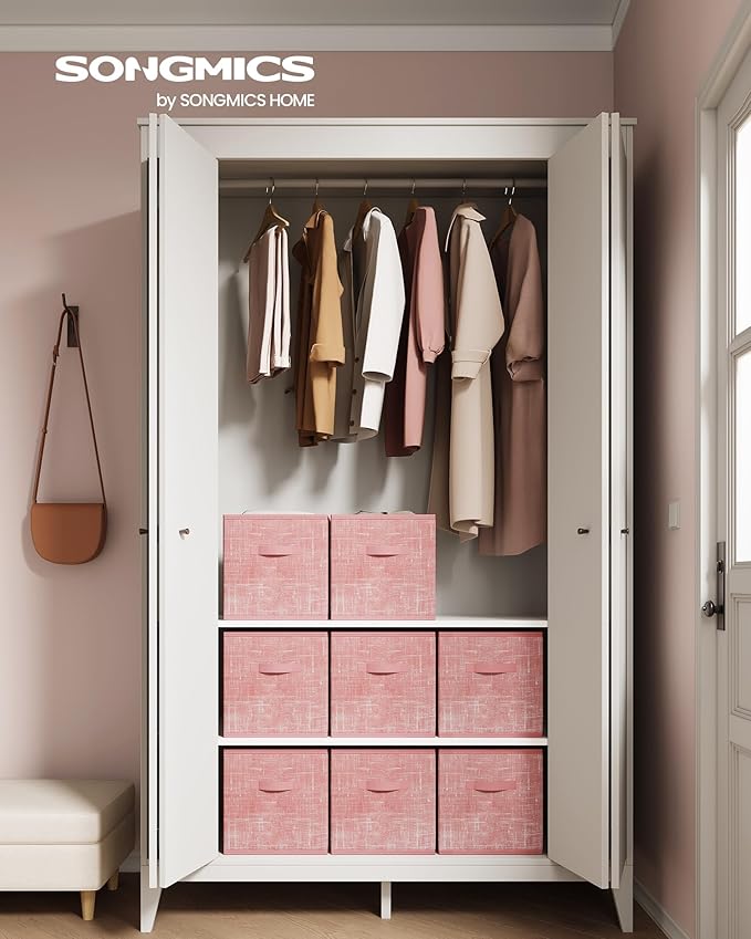 SONGMICS Storage Cubes, 13 x 13 x 13 Inches Non-Woven Fabric Bins with Double Handles, Set of 8, Closet Organizers for Shelves, Foldable, for Clothes, Jelly Pink UROB833R01