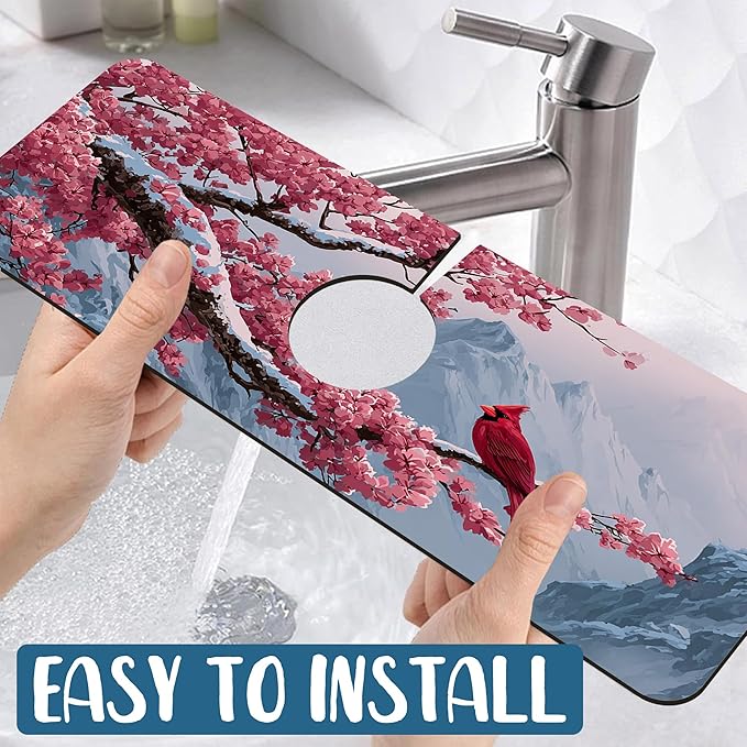 Christmas Welcome Winter Sink Faucet Absorbing Mat Cardinal Bird Super Absorbent Fast Drying Mat Sink Gadgets Behind Faucet Sinkmat for Kitchen Bathroom, 15.5"x5.5"