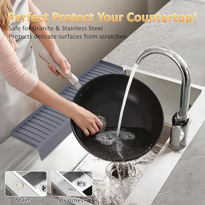 Sink Edge Protector with Suction Cup 4"x24", Silicone Sink Splash Guard for Kitchen & Bathroom, Protect Countertop from Scratches, Stains, for Stainless Steel Granite Quartz-Grey