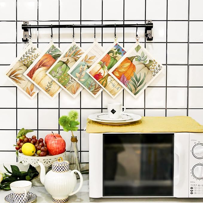 Morigins Mixed Autumn Pumpkin Swedish Kitchen Dish Cloths Reusable, Absorbent Hand Towels for Kitchen Quick Drying Cleaning Cloths Cellulose Sponge Cloth