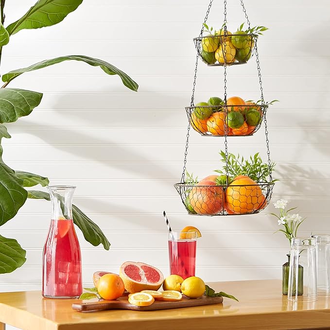 RSVP International Hanging Storage Collection 3-Tier Baskets, Bronze Chicken Wire (Pack of 3)