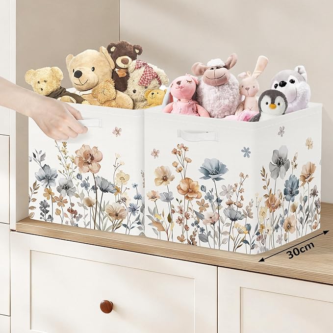 Clastyle Flowers Storage Cube Organizer Set Handle Closet Clothes Cube with Metal Frame Foldable Parents Organizer Storage Basket for Book Toy,Boho Brown,11.8x11.8x11.8 in