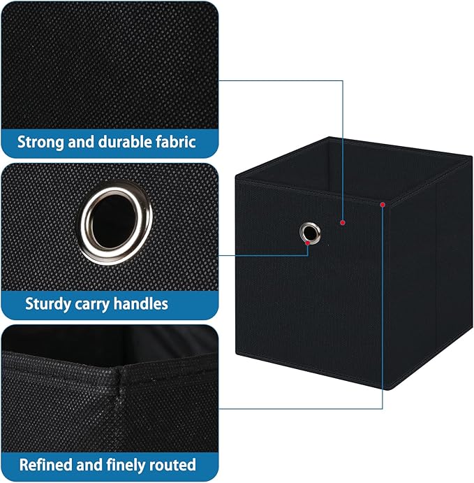 Black Fabric Cubes Storage Containers ,11 Inch Cloth Storage Cube Foldable Storage Bins Cubes Organizer Baskets with Dual Handles for Shelf Closet Set of 6,(Black)