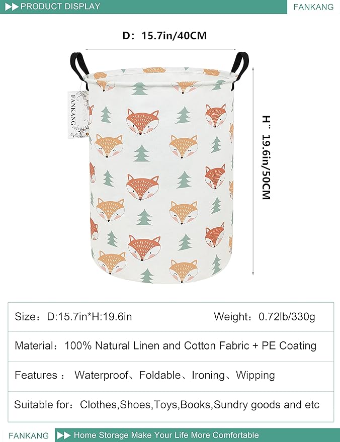 FANKANG Storage Basket, Nursery Hamper Canvas Laundry Basket Foldable with Waterproof PE Coating Large Storage Baskets for Kids Boys and Girls, Office, Bedroom, Clothes,Toys（Fox ）