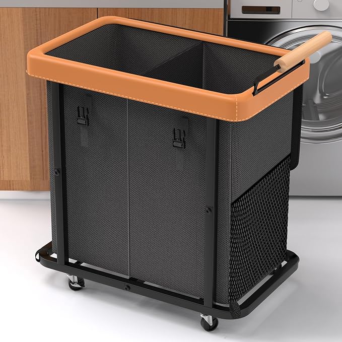 190L (50 Gal) Extra Large Fashion Laundry Hamper 2 Section with Lid, Rolling Laundry Basket Hamper with Handle, Laundry Organizer Storage Cart with Sturdy Metal Frame for Laundry Room, Hotel, black