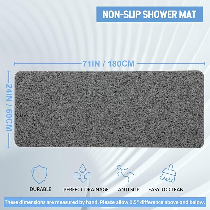 Hargiis Non-Slip Bathtub Mat, Anti Slip Shower Mat, Fast Drying Bathtub Mats, Foot Scrubber Mat, Anti Slip Mat for Tub, Floor, Bathroom, Kitchen, Home, Hotel (Grey 71"×24")