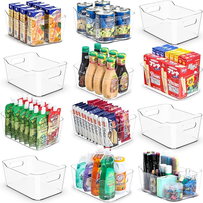 12 PACK Multi-Use Clear Plastic Storage Bins for Organizing w/ Labels - Home, Kitchen, Bathroom, Office, Pantry Cabinet Shelf Organizer Bins - SOHO Collection, RV, Fridge Organization Containers