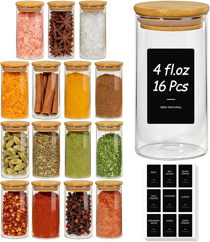 ComSaf Spice Jars with Label 4oz 16 Pack, Glass Spice Jars with Bamboo Lid, Small Seasoning Containers with 54 Black Labels, Stackable for Kitchen, Pantry Organization, Loose Tea, Herbs, Powders, Salt
